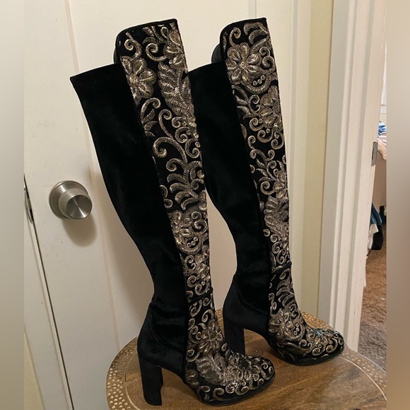 Stuart Weitzman Alljill Sequin Velvet 5050 Knee High Heeled go-go Boot noir - Picture 15 of 17